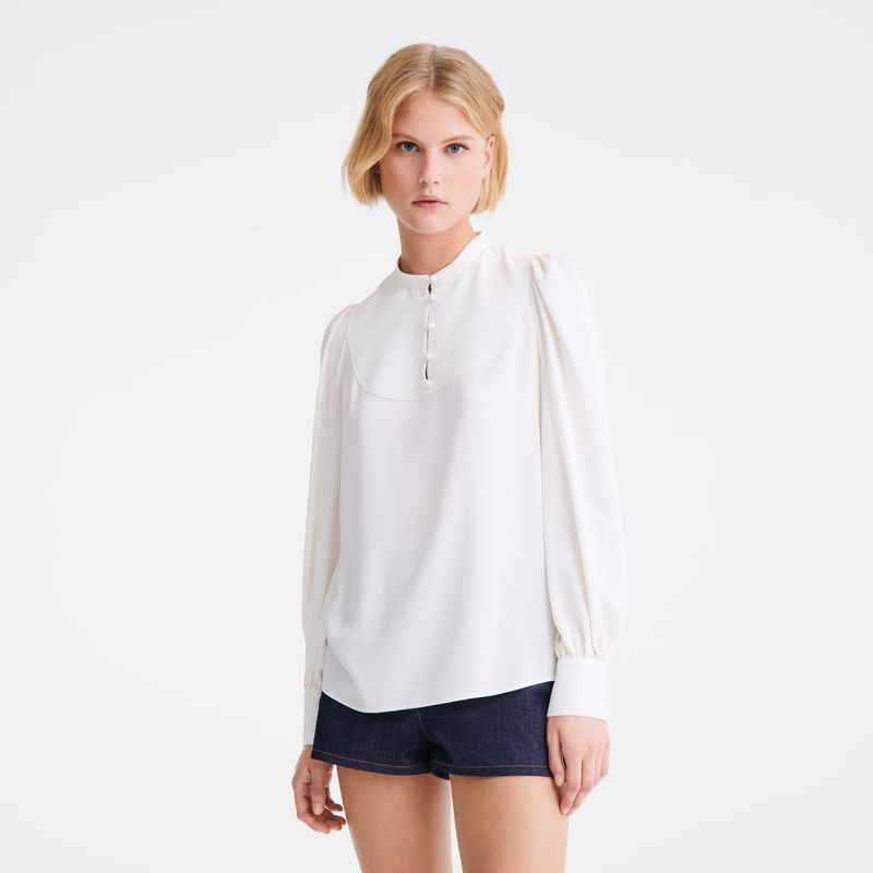 Longchamp Blouse Fluid crepe Bluse Dame Ecru | NOKO7714