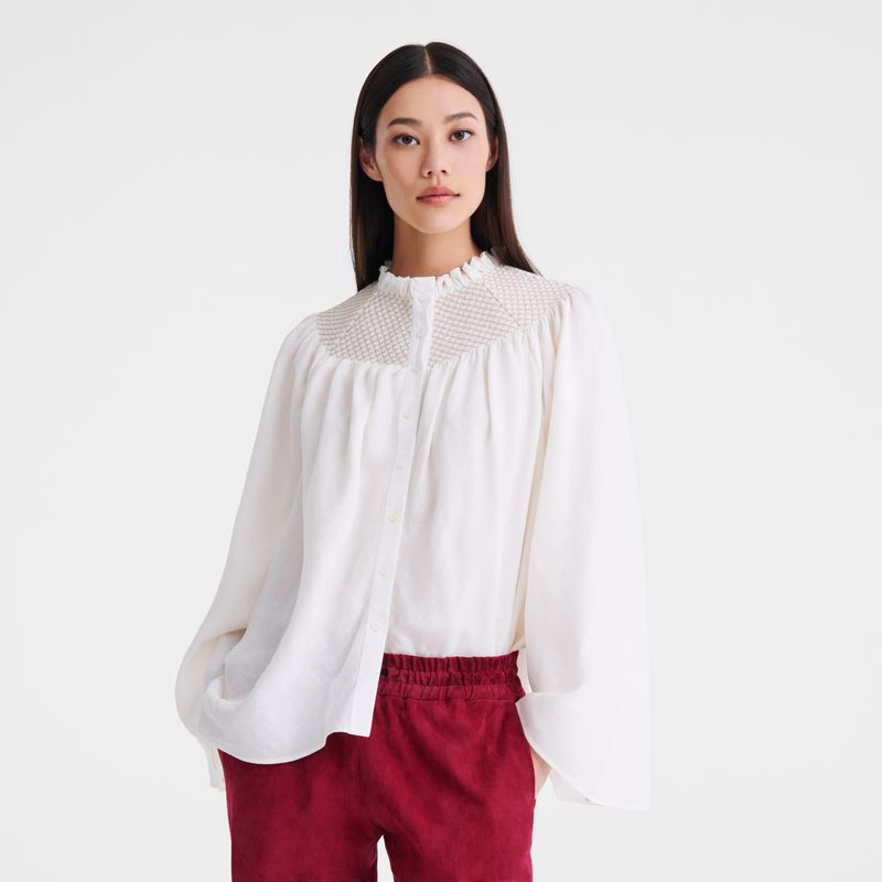 Longchamp Blouse Smocked veil Bluse Dame Ecru | NOLI7715