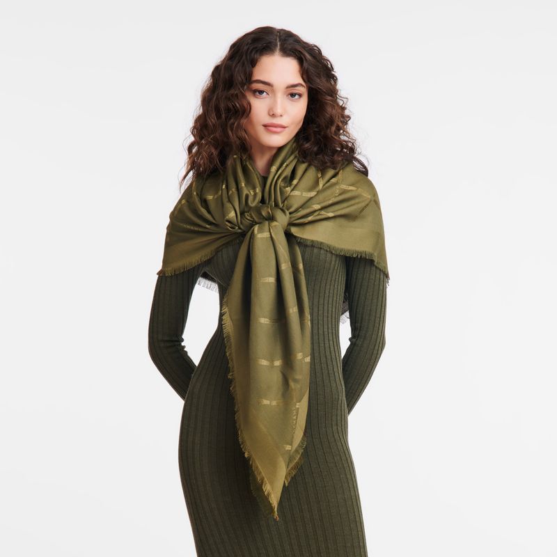 Longchamp Le Roseau Shawl Silk Blend Stoles Dame Khaki | NOFD8074