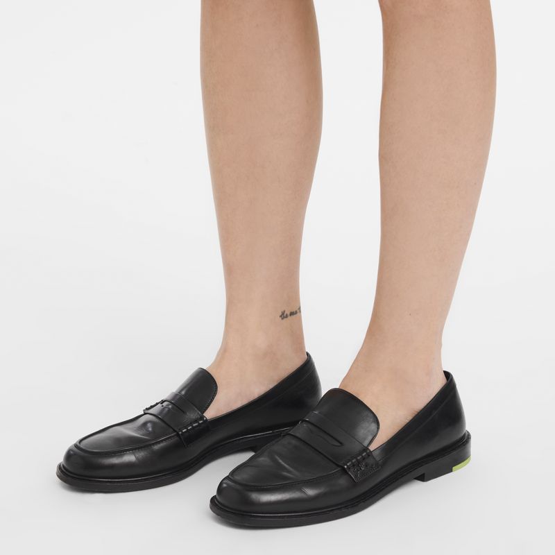 Longchamp Leather Loafers Dame Svarte | NONW7669