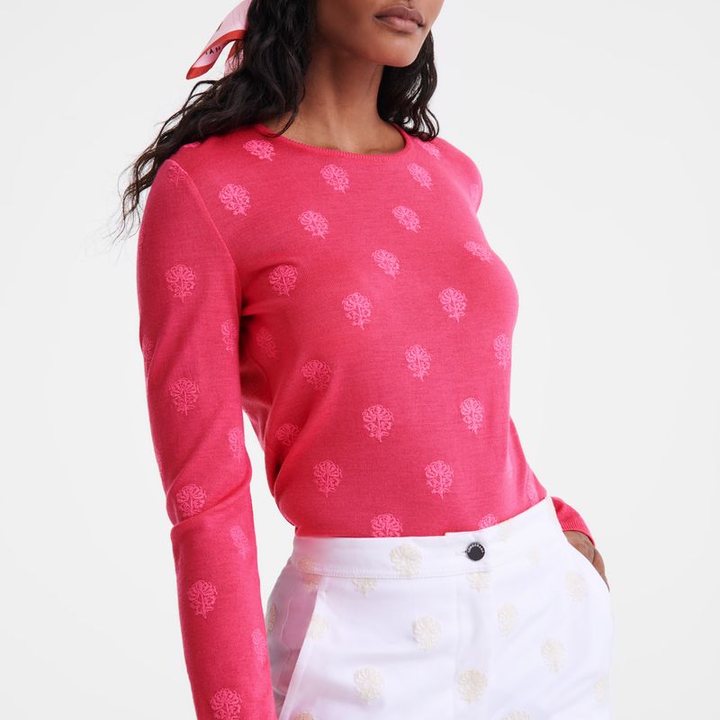 Longchamp Round neck Embroidered knit Genser Dame Rosa | NONW7825