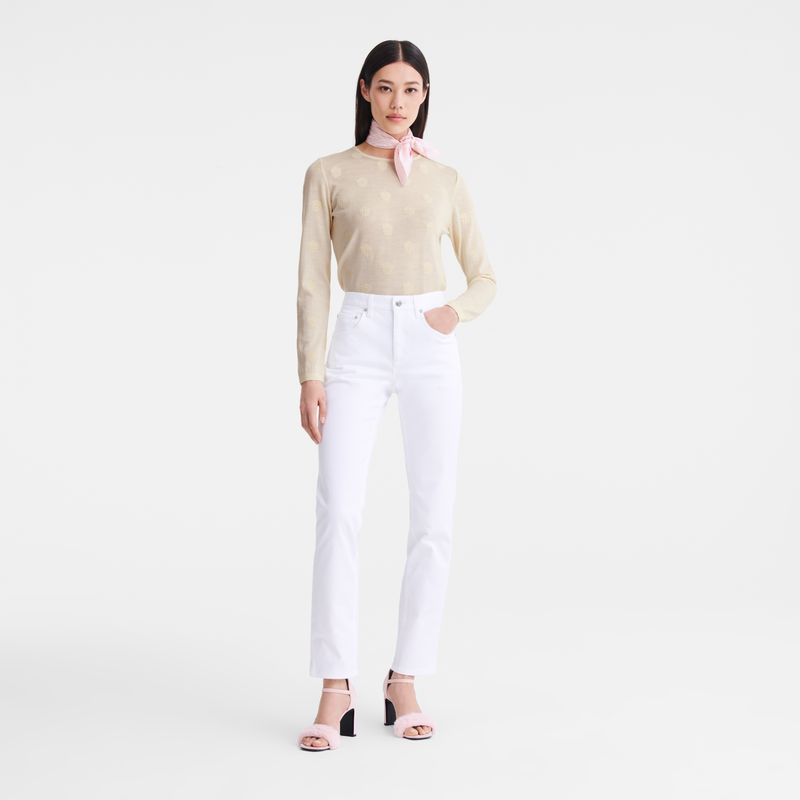 Longchamp Round neck Embroidered knit Genser Dame Ecru | NOBE7824