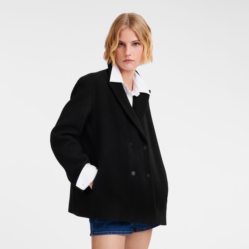 Longchamp Straight peacoat Wool broadcloth Jakker Dame Svarte | NOBE7876