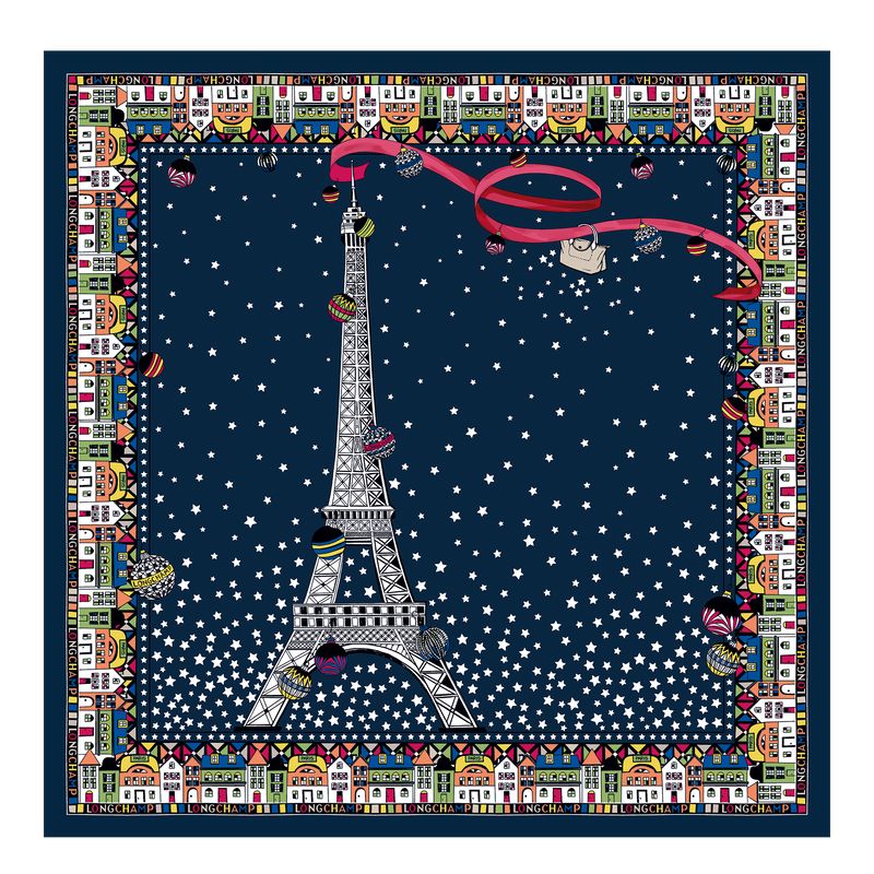 Longchamp Tour Eiffel NoËl Silk 50 Skjerf Dame Marineblå | NONW8140