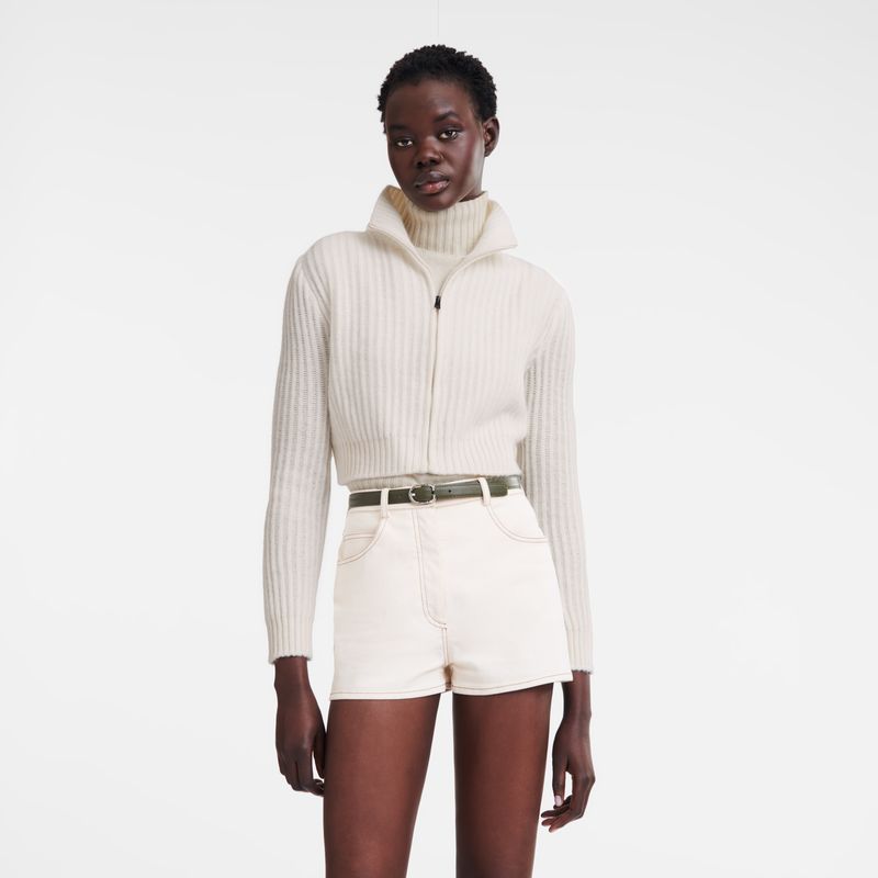 Longchamp Zip collar short cardigan Knit Genser Dame Ecru | NOOK7809