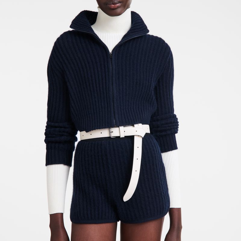 Longchamp Zip collar short cardigan Knit Genser Dame Marineblå | NOLI7730